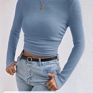 Blue Long Sleeve Waffle Knit Top